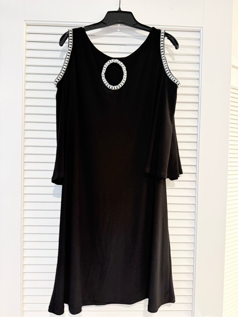 MSK Black Cold-Shoulder XL Midi Dress with Crystal Ring Accent